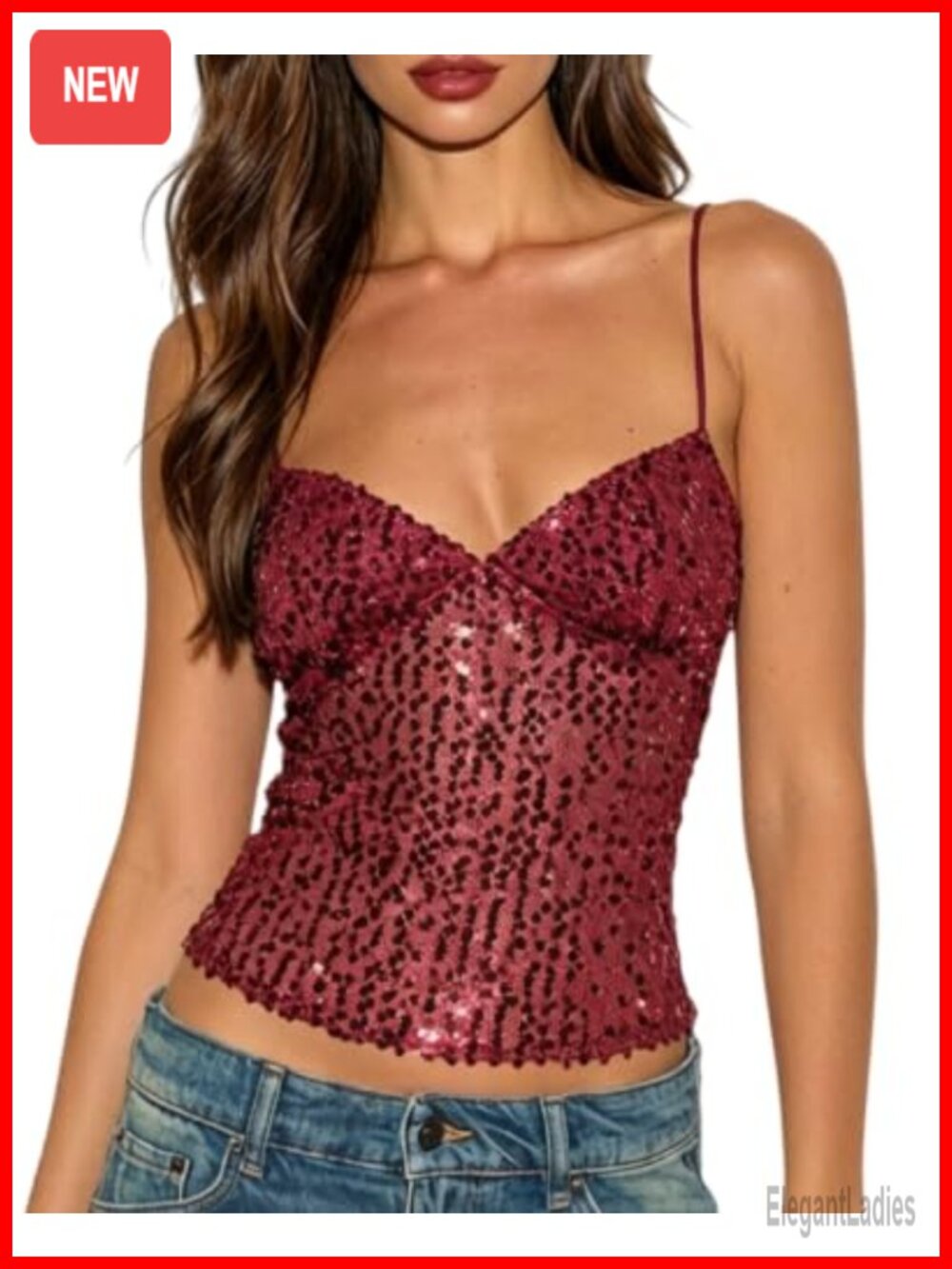 Women Sequin Spaghetti Strap Crop Cami Top Sleeveless Party Club Concert